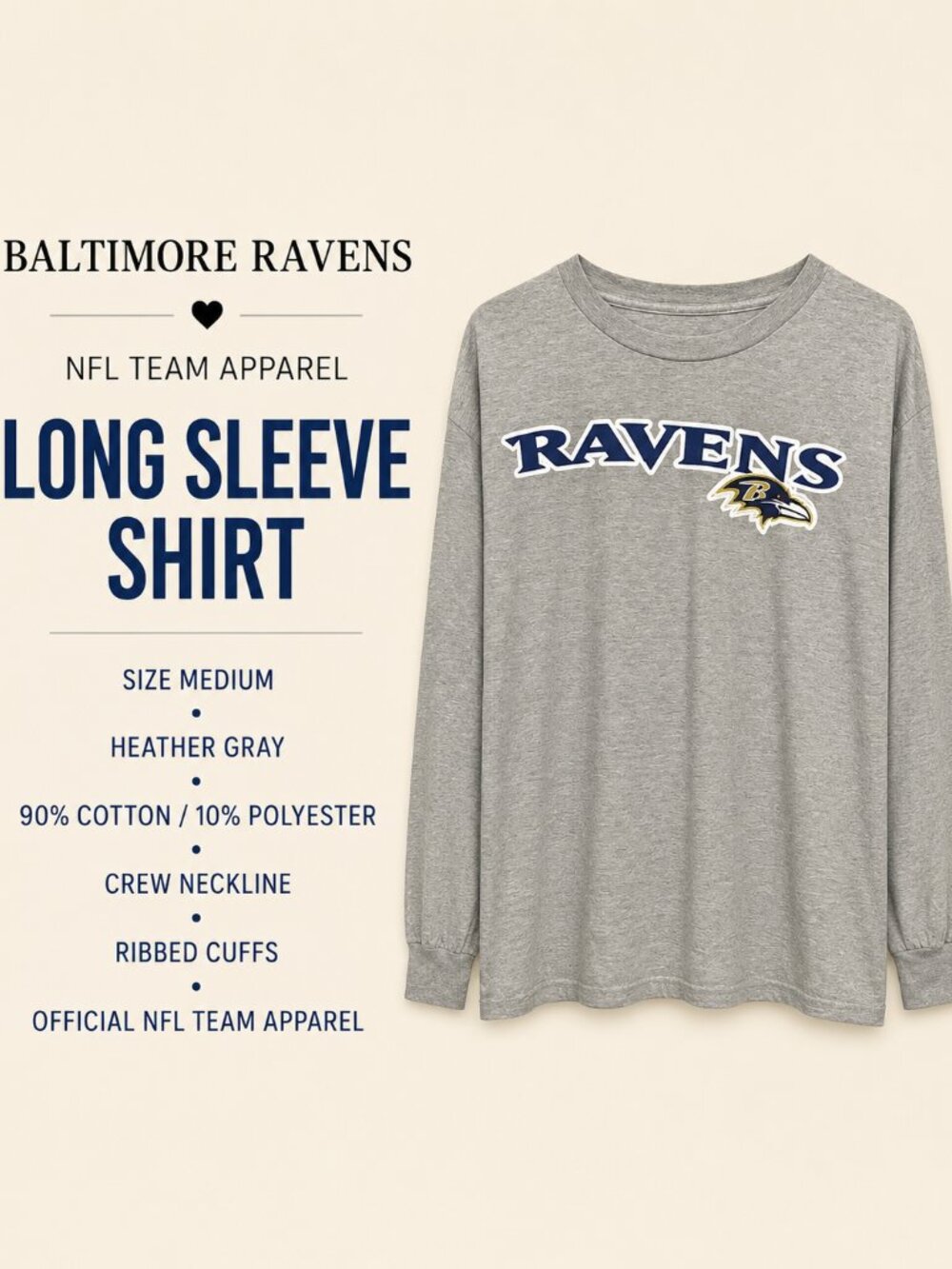 Baltimore Ravens NFL Team Apparel Gray Long Sleeve Shirt Mens Medium